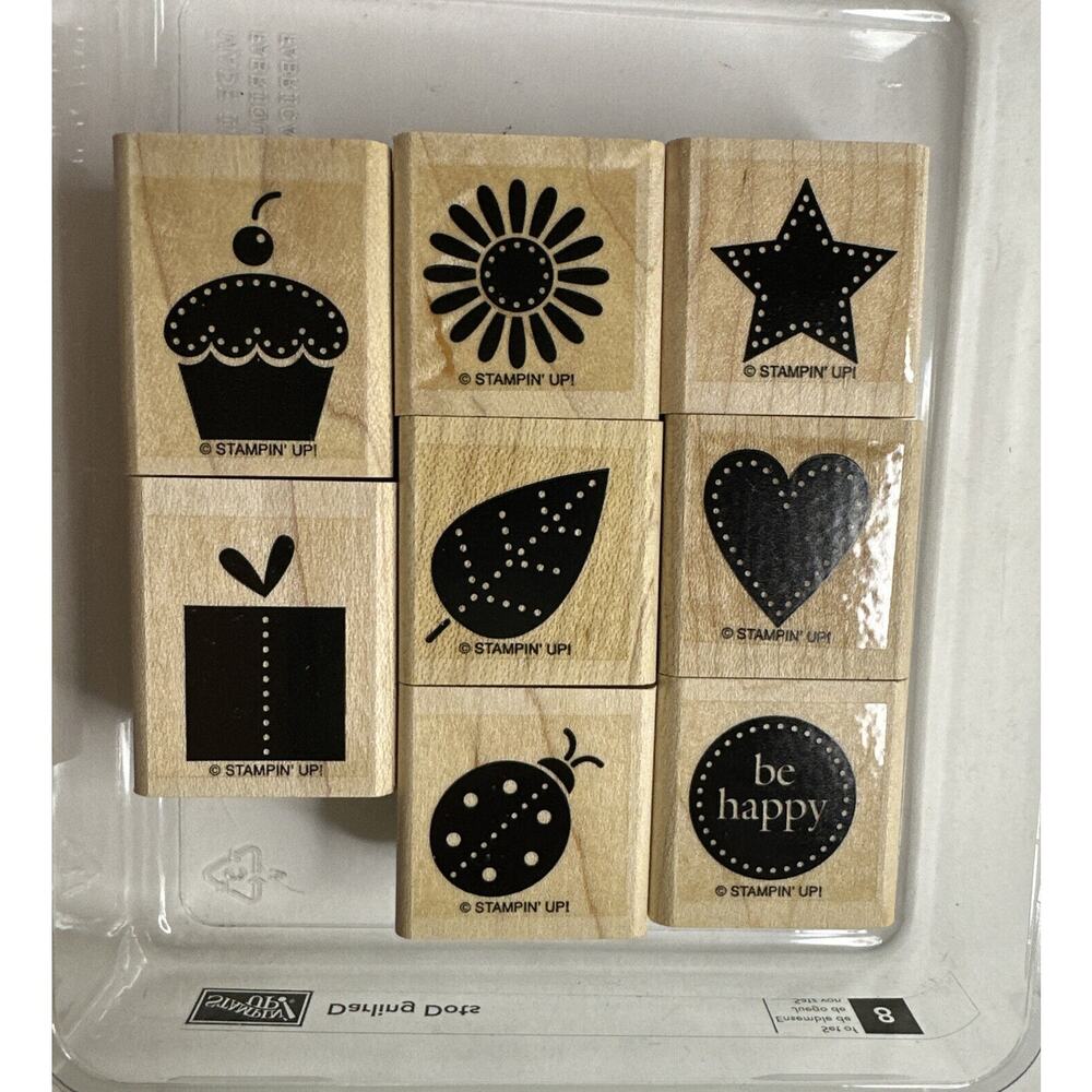 Stampin Up Darling Dots Wood Stamp Set of 8 Cupcake, Present, Heart, Ladybug,
